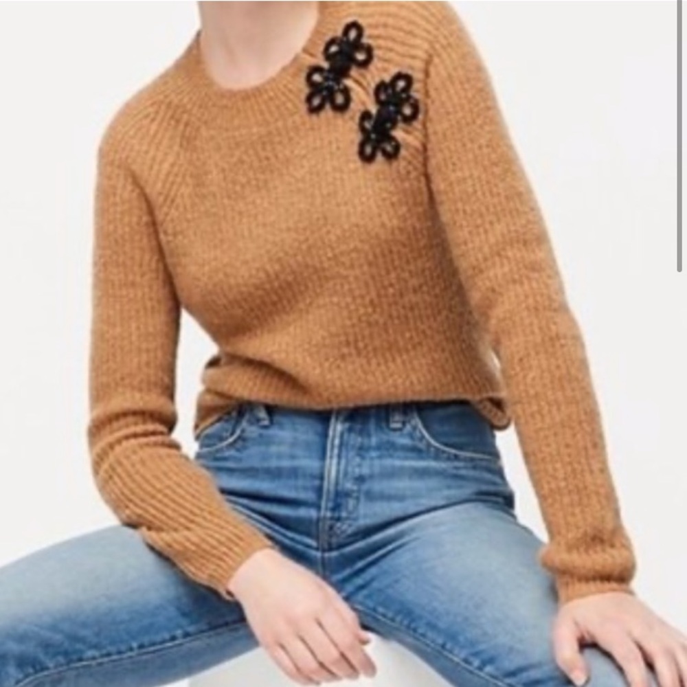 🤎J.CREW Camel Color Wool Ribbed Embellished Sweater